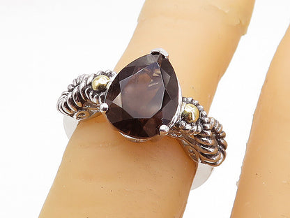 925 Silver & 18K GOLD  Smoky Topaz Two Tone Twist Solitaire Ring Sz 5  RG3945