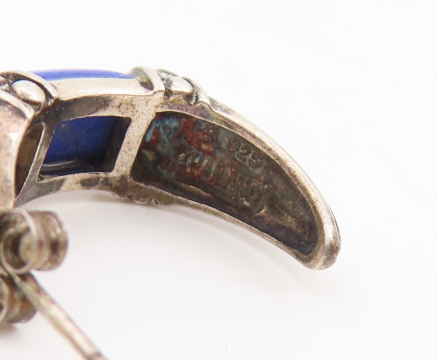 925 Sterling Silver Vintage Earrings Lapis Lazuli Ribbed Crescent Moon  EG14157