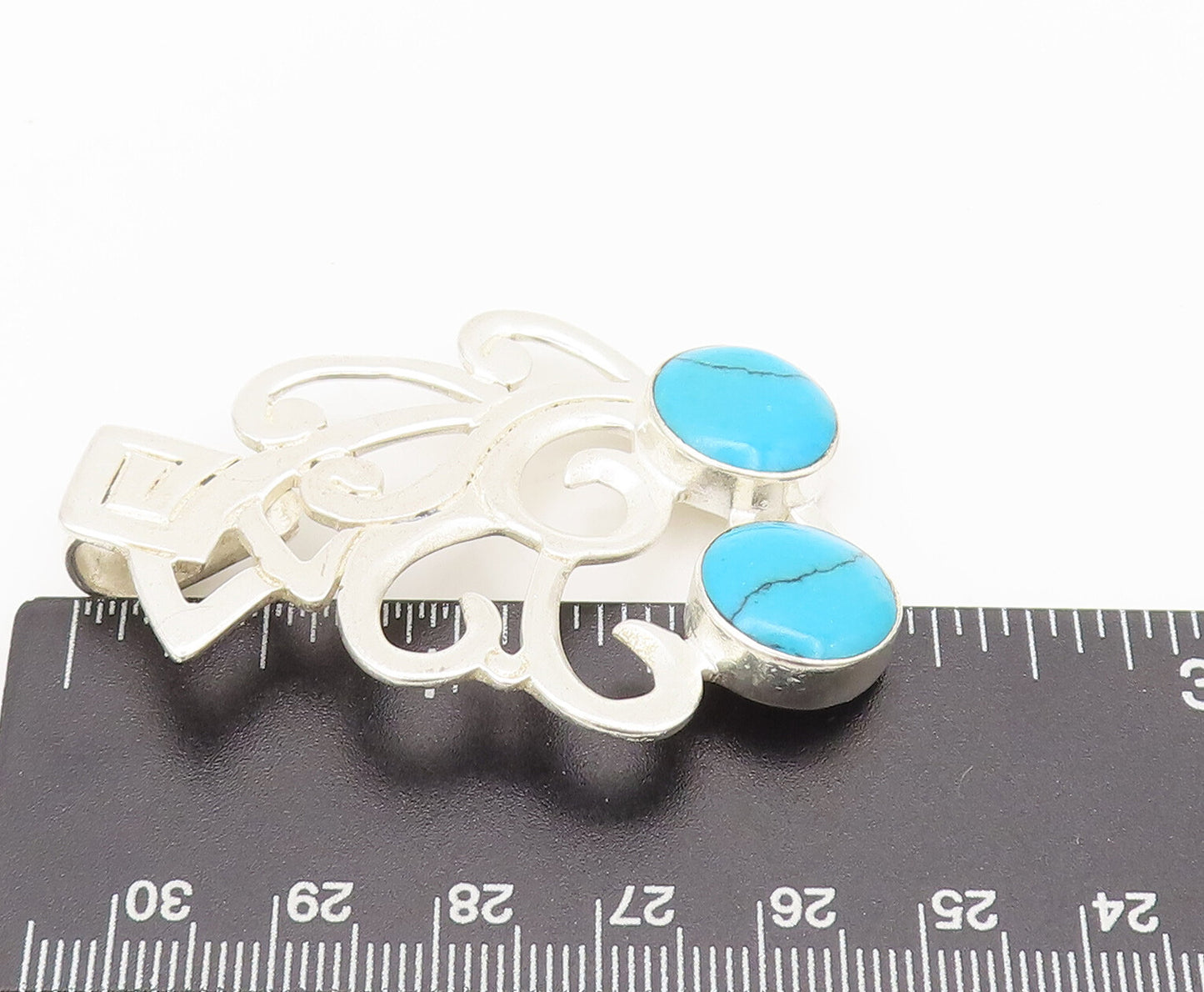 MEXICO 925 Sterling Silver  Vintage Swirly Cutout Turquoise Pendant  PT22369