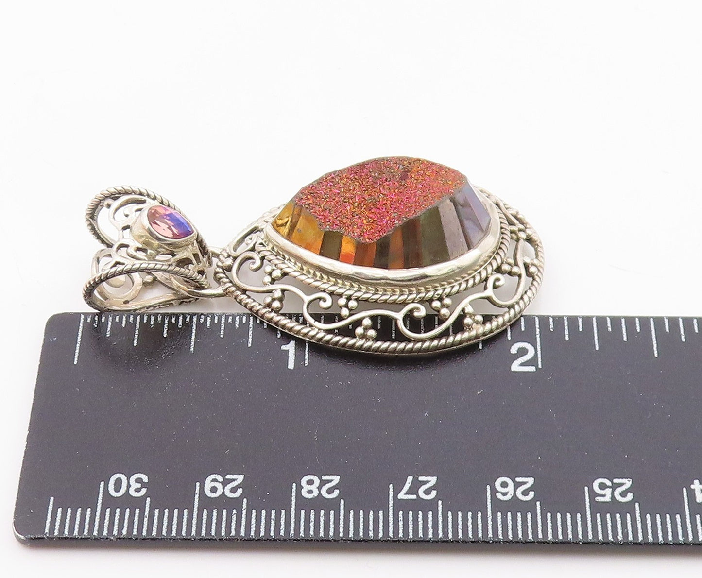 SAJEN 925 Sterling Silver Vintage Druzy Stone Swirl Vine Border Pendant PT16628