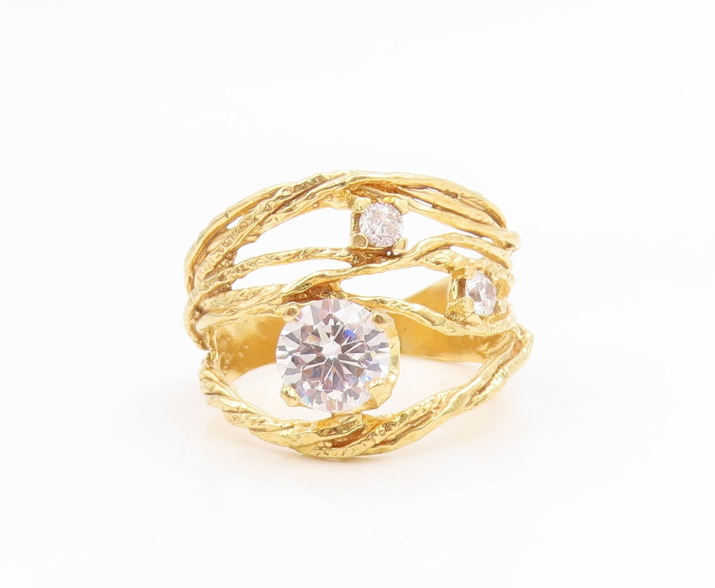 925 Sterling Silver Vintage Ring Gold Plated ISRAEL CZ Twisted Band Sz 7 RG35690