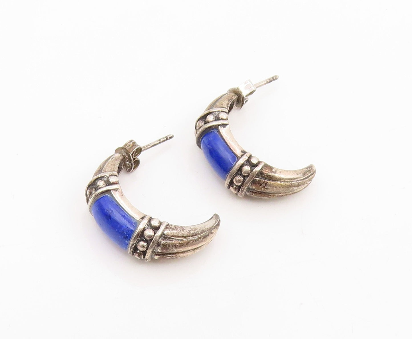 925 Sterling Silver Vintage Earrings Lapis Lazuli Ribbed Crescent Moon  EG14157