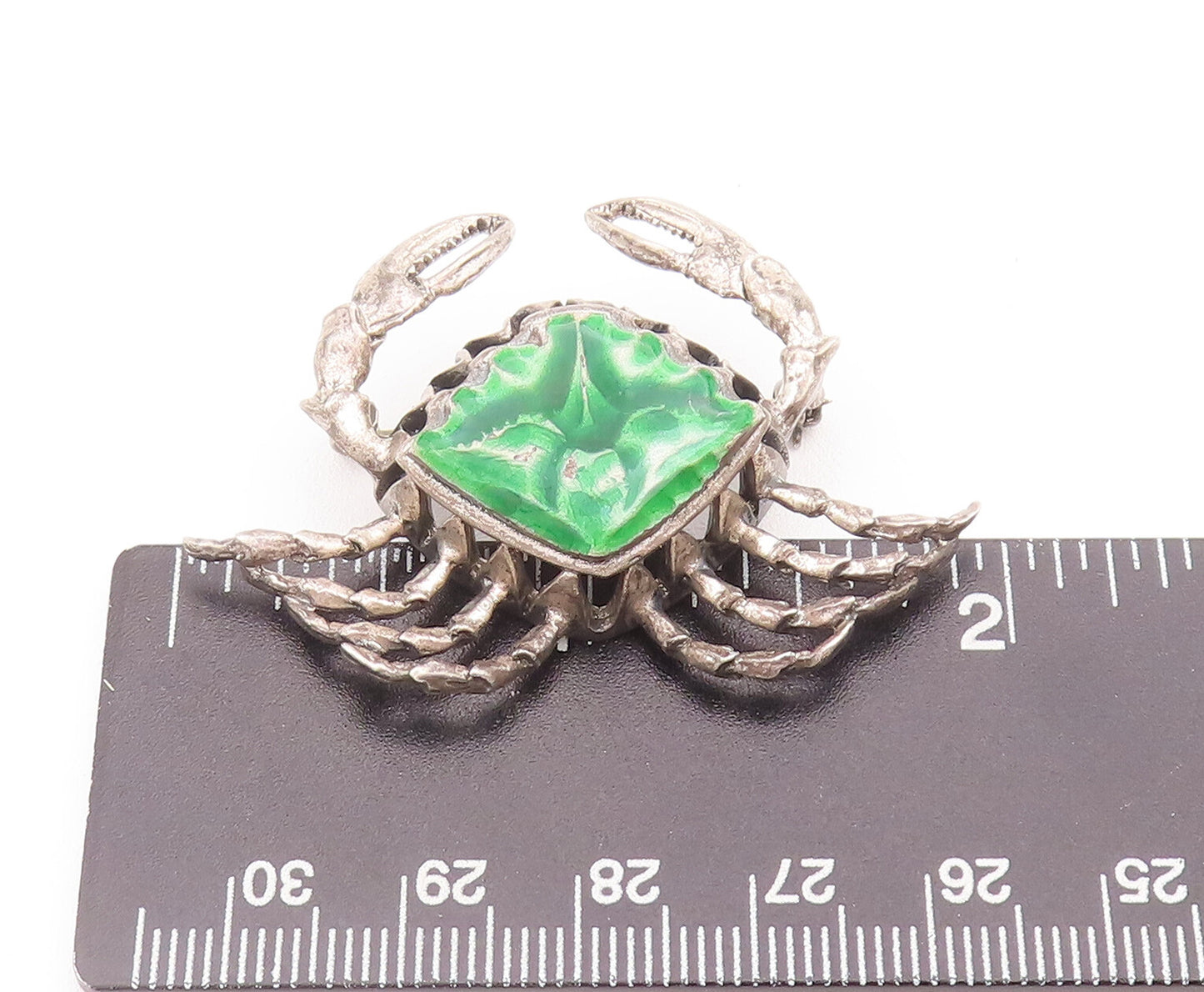 925 Sterling Silver Vintage Brooch Pin Solid Carved Green Enameled Crab  BP10781