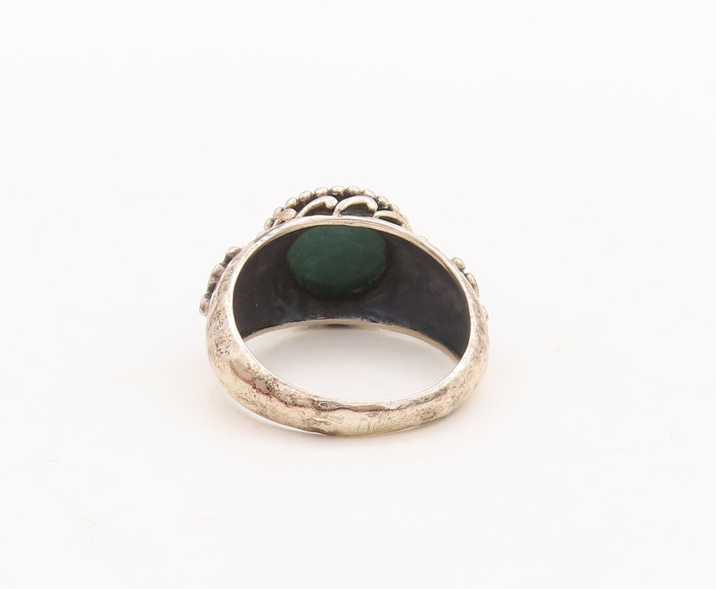 925 Sterling Silver Vintage Ring Round Green Gemstone Swirly Sz 10 RG29719