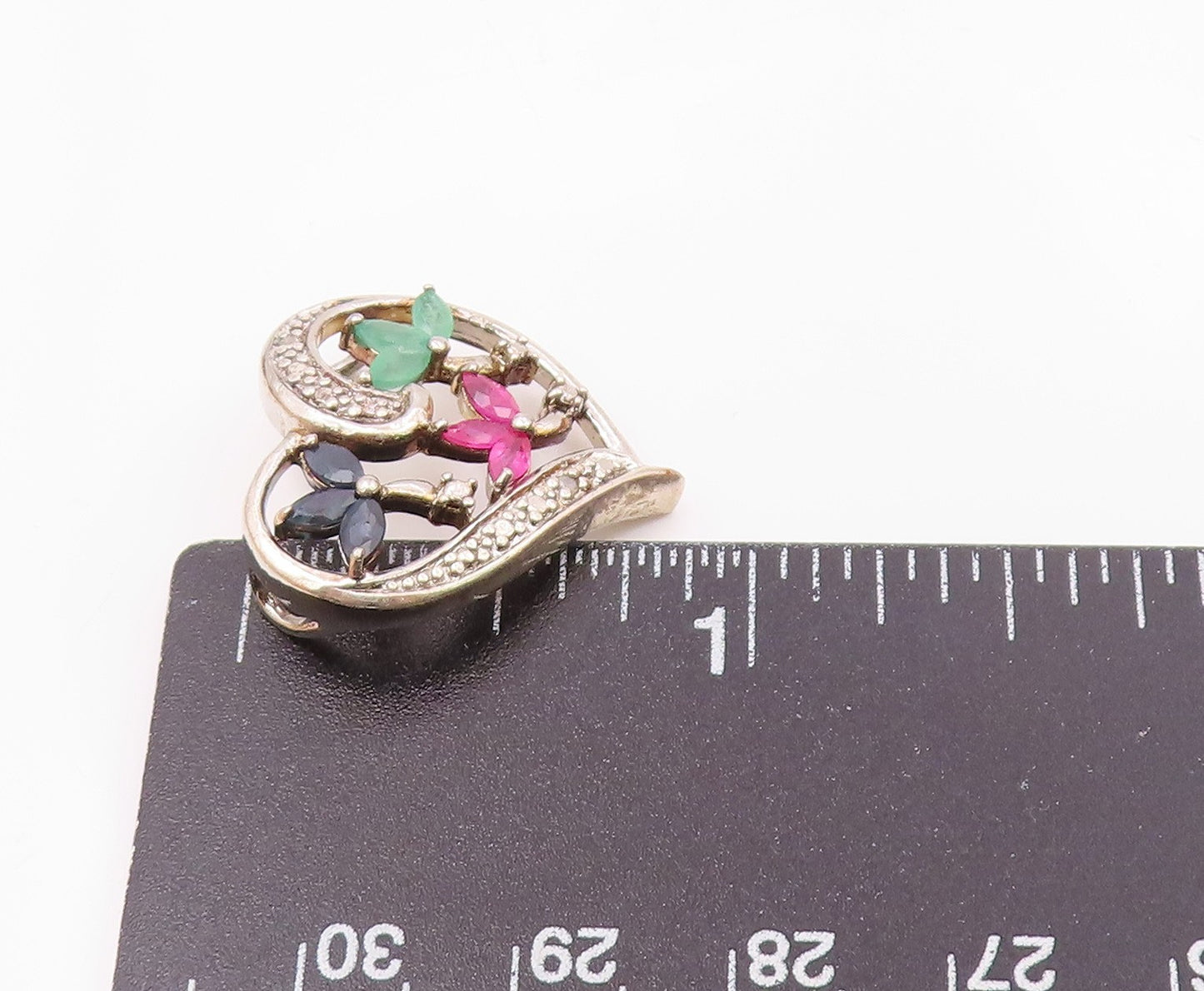 925 Silver  Vintage Sapphire Ruby & Emerald Floral Love Heart Pendant  PT20988