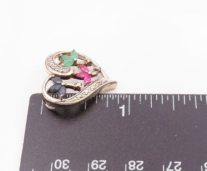 925 Silver  Vintage Sapphire Ruby & Emerald Floral Love Heart Pendant  PT20988