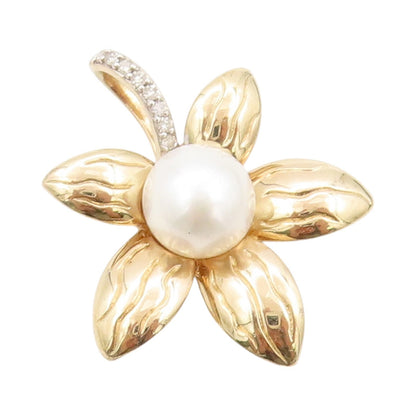 925 Sterling Silver Vintage Pendant Gold Plated Diamonds & Pearl Flower  PT24089