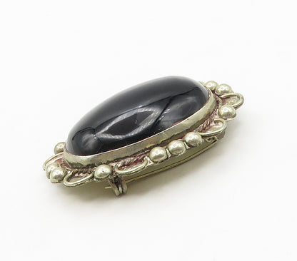 MEXICO 925 Sterling Silver  Vintage Cabochon Cut Black Onyx Brooch Pin  BP6173