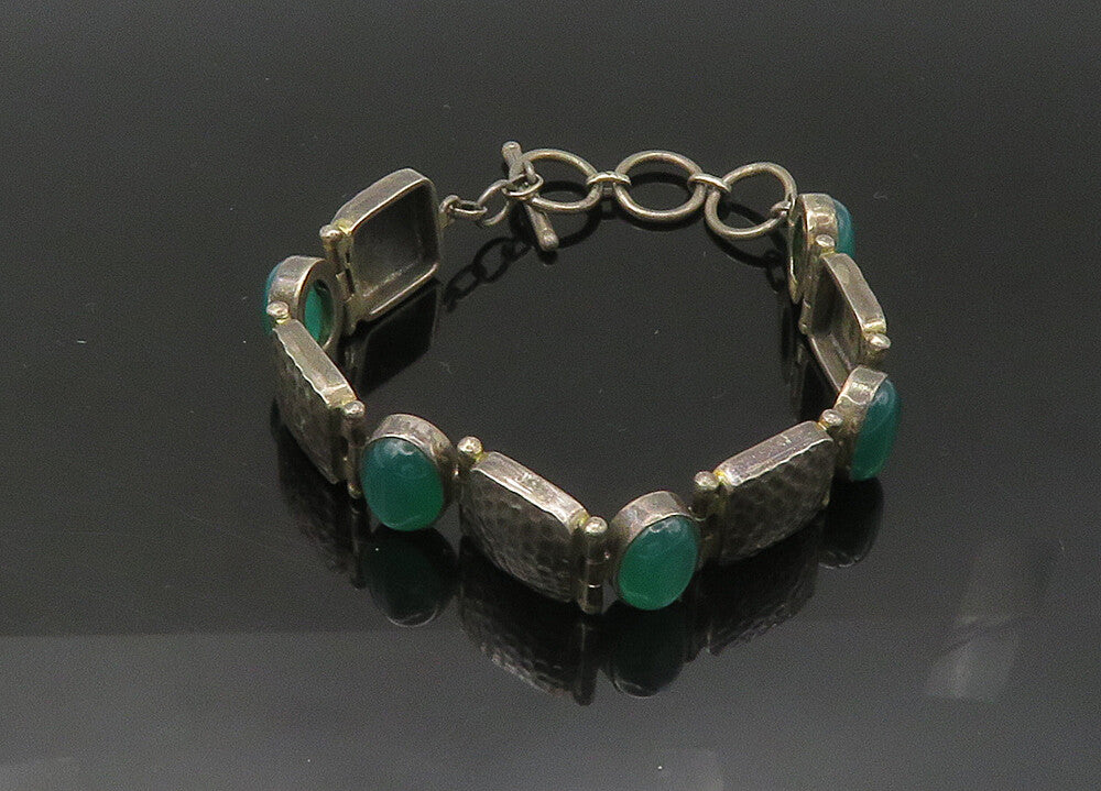 925 Sterling Silver  Vintage Cabochon Green Carnelian Chain Bracelet  BT8732