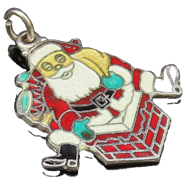 925 Sterling Silver  Vintage Enamel Santa Claus On Chimney Pendant  PT21688