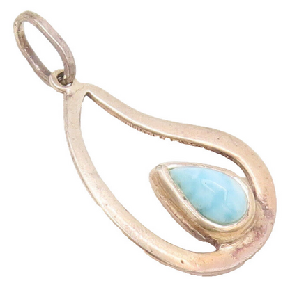 925 Sterling Silver Vintage Pendant Water Drop Shape Cutout Larimar PT22615