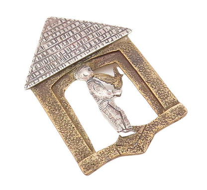 925 Sterling Silver Vintage Brooch Pin COURTNEY Carved Boy With Bird  BP10794