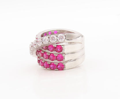 925 Sterling Silver Vintage Ring Designer Pink & White CZ Bands  Sz 6  RG29760