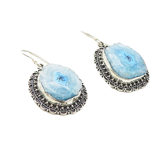 925 Sterling Silver  Vintage Blue Agate Slice Floral Dangle Earrings  EG3908