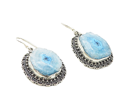 925 Sterling Silver  Vintage Blue Agate Slice Floral Dangle Earrings  EG3908