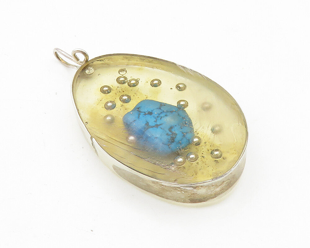 925 Sterling Silver  Vintage Turquoise Glass Art Oval Drop Pendant  PT7987