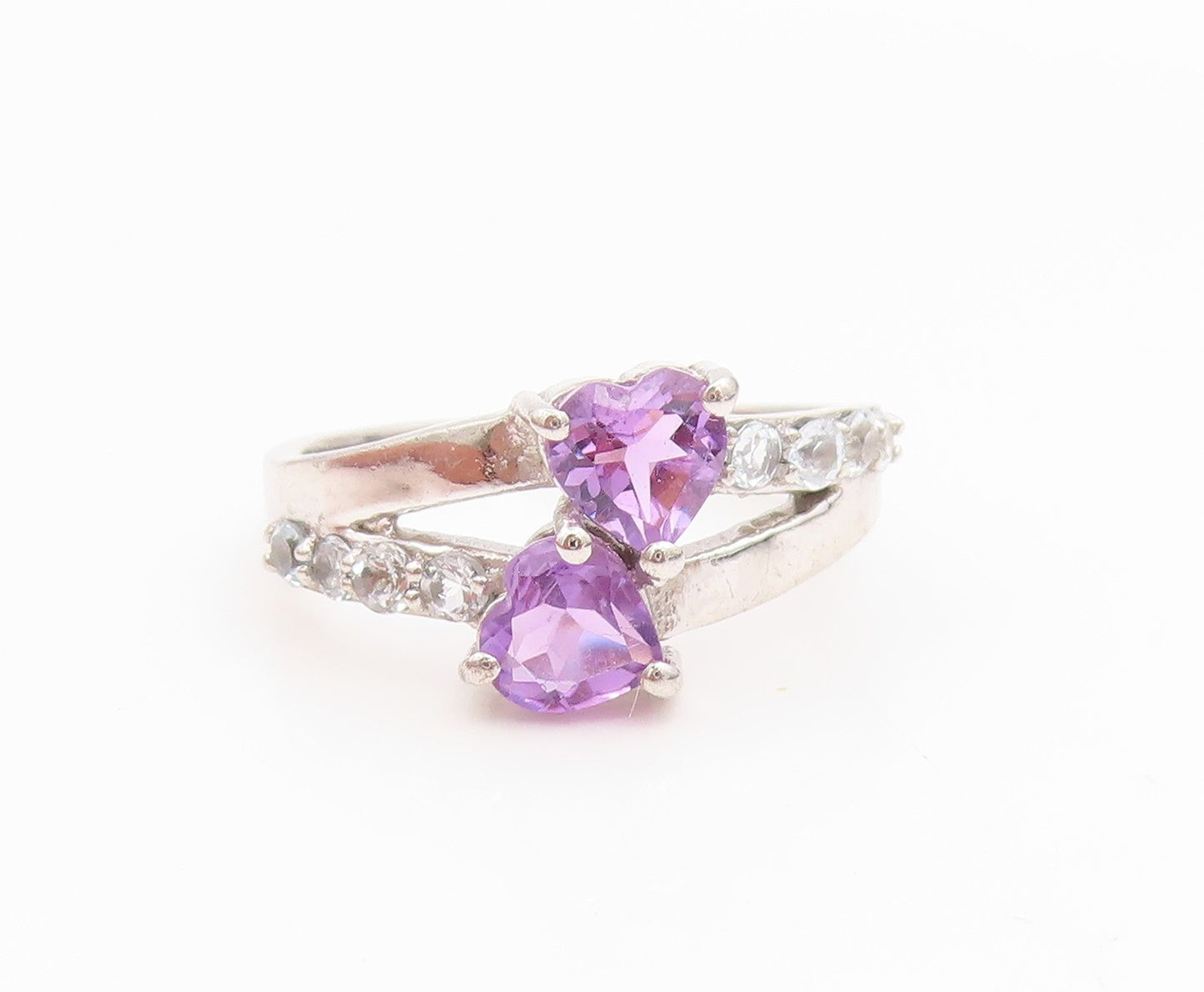 925 Sterling Silver Vintage Ring Amethyst & CZ Double Love Heart  Sz 6  RG36131