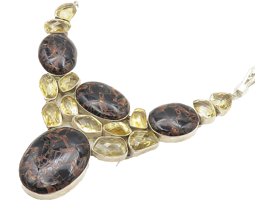 925 Sterling Silver  Vintage Multi Shaped Real Gemstone Chain Necklace  NE2968