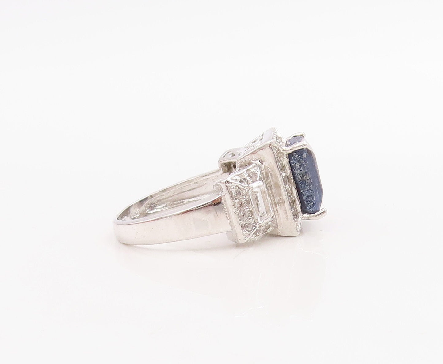 925 Sterling Silver Vintage Ring Rectangle Gemstone & CZ Inlay  Sz 6.5  RG30711
