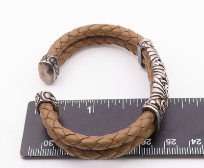 ESPO SIG 925 Silver  Vintage Brass Scroll Detail Leather Cuff Bracelet  BT9391