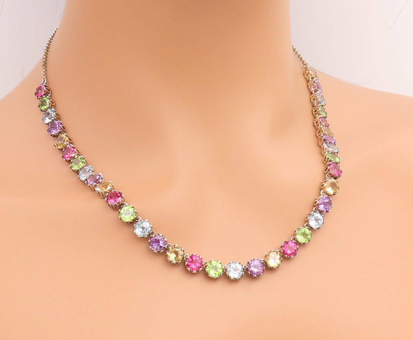 925 Sterling Silver Vintage Necklace Multi Gemstone Tennis Link Chain  NE4906