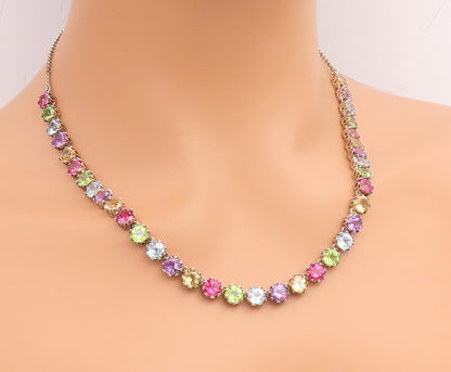 925 Sterling Silver Vintage Necklace Multi Gemstone Tennis Link Chain  NE4906