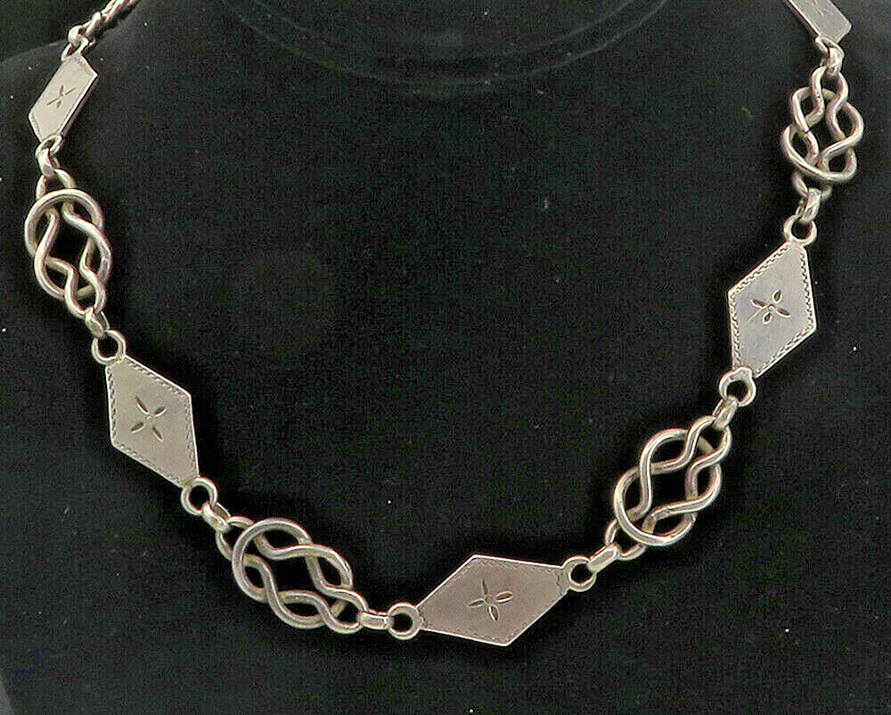 925 Sterling Silver  Vintage Floral Diamond Shape Link Chain Necklace  NE1675