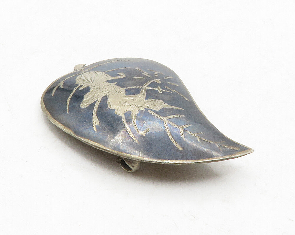 SIAM 925 Sterling Silver  Vintage Enamel Niello Dancer Leaf Brooch Pin  BP4913