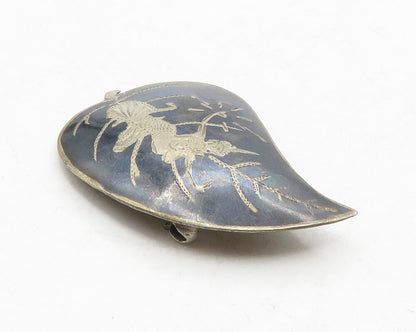 SIAM 925 Sterling Silver  Vintage Enamel Niello Dancer Leaf Brooch Pin  BP4913