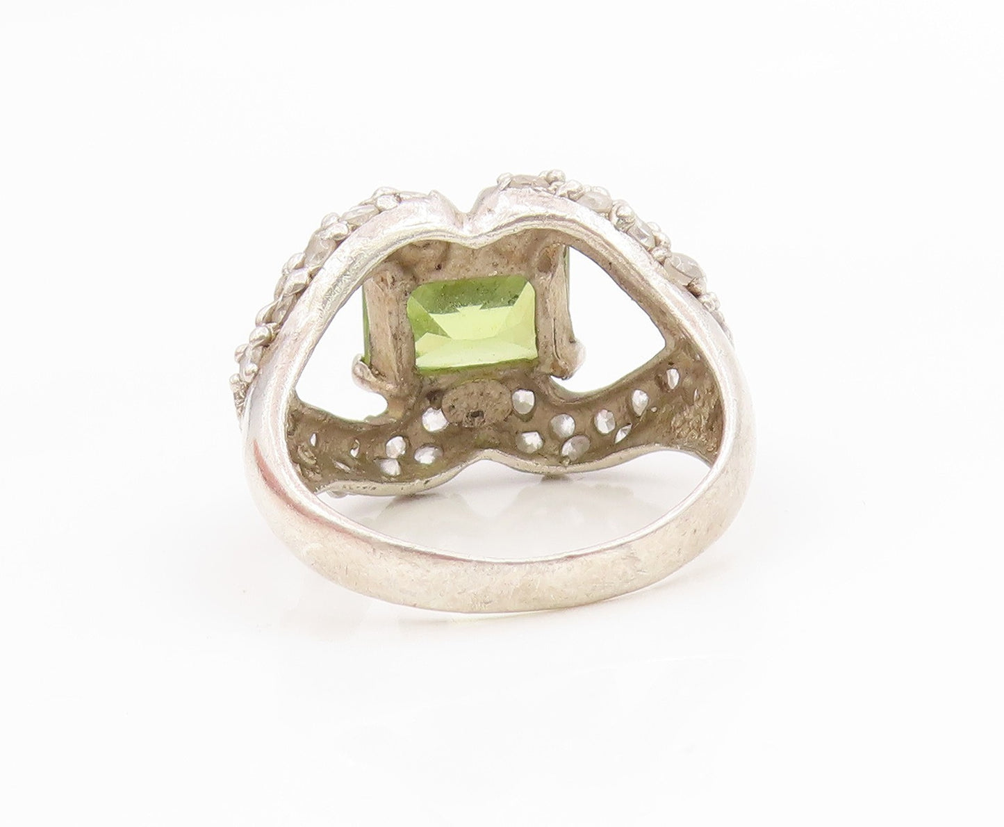 925 Sterling Silver Vintage Ring Peridot & CZ Open Love Heart  Sz 8.5  RG34434