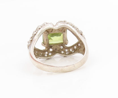 925 Sterling Silver Vintage Ring Peridot & CZ Open Love Heart  Sz 8.5  RG34434
