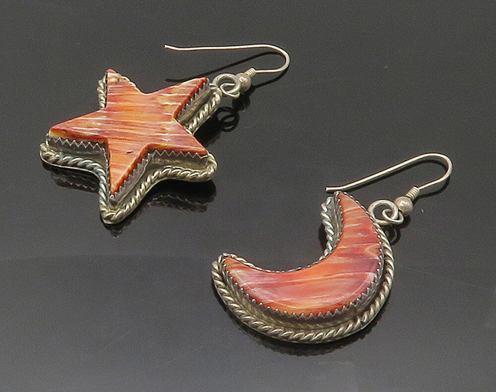 TOMMY NAVAJO 925 Silver  Vintage Jasper Moon & Star Dangle Earrings  EG8156