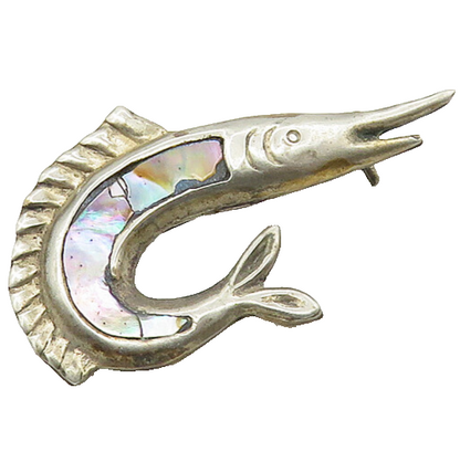 MEXICO 925 Sterling Silver  Vintage Abalone Shell Fish Brooch Pin  BP7118