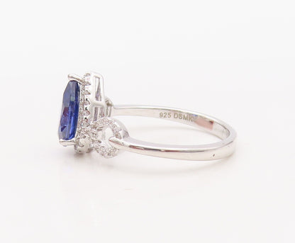925 Sterling Silver Vintage Ring Designer Drop Cut Sapphire & CZ Sz 7  RG30655