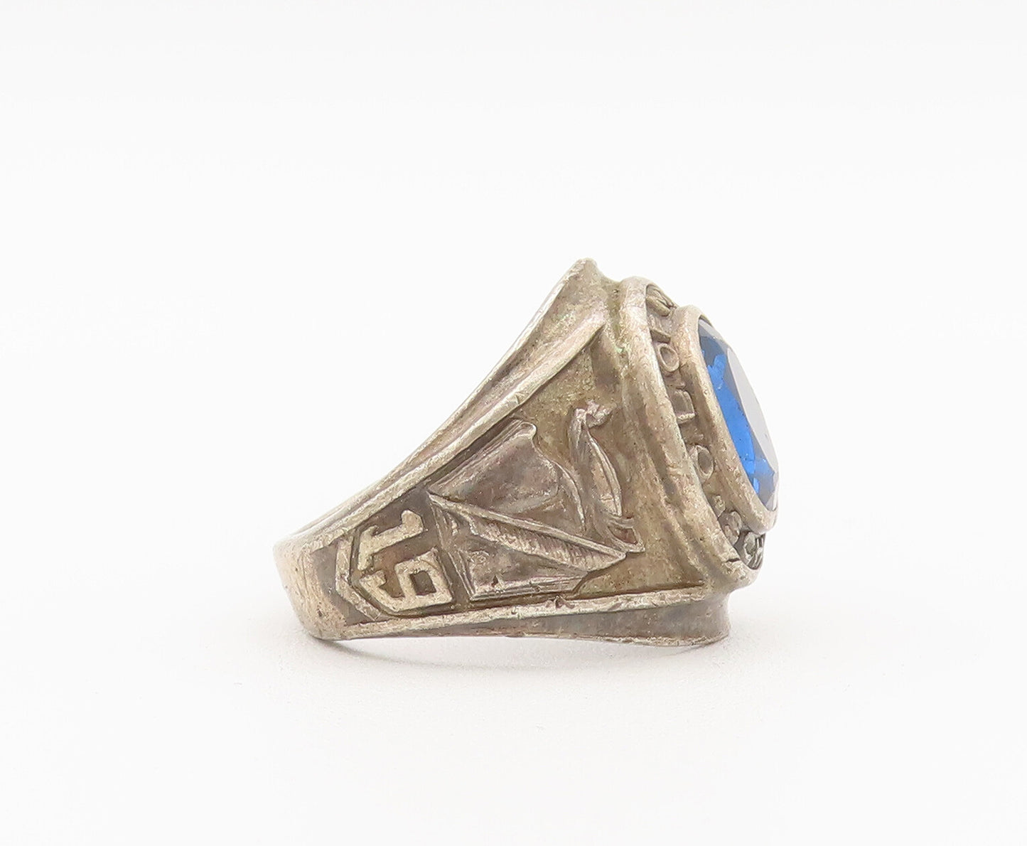 925 Sterling Silver Vintage Ring School 1967 Solid Carved Sapphire Sz 7  RG27909