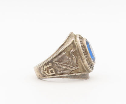 925 Sterling Silver Vintage Ring School 1967 Solid Carved Sapphire Sz 7  RG27909