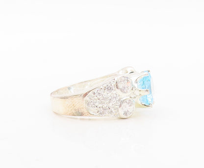 925 Sterling Silver Vintage Ring Designer Cutout Blue & White CZ  Sz 7  RG31032