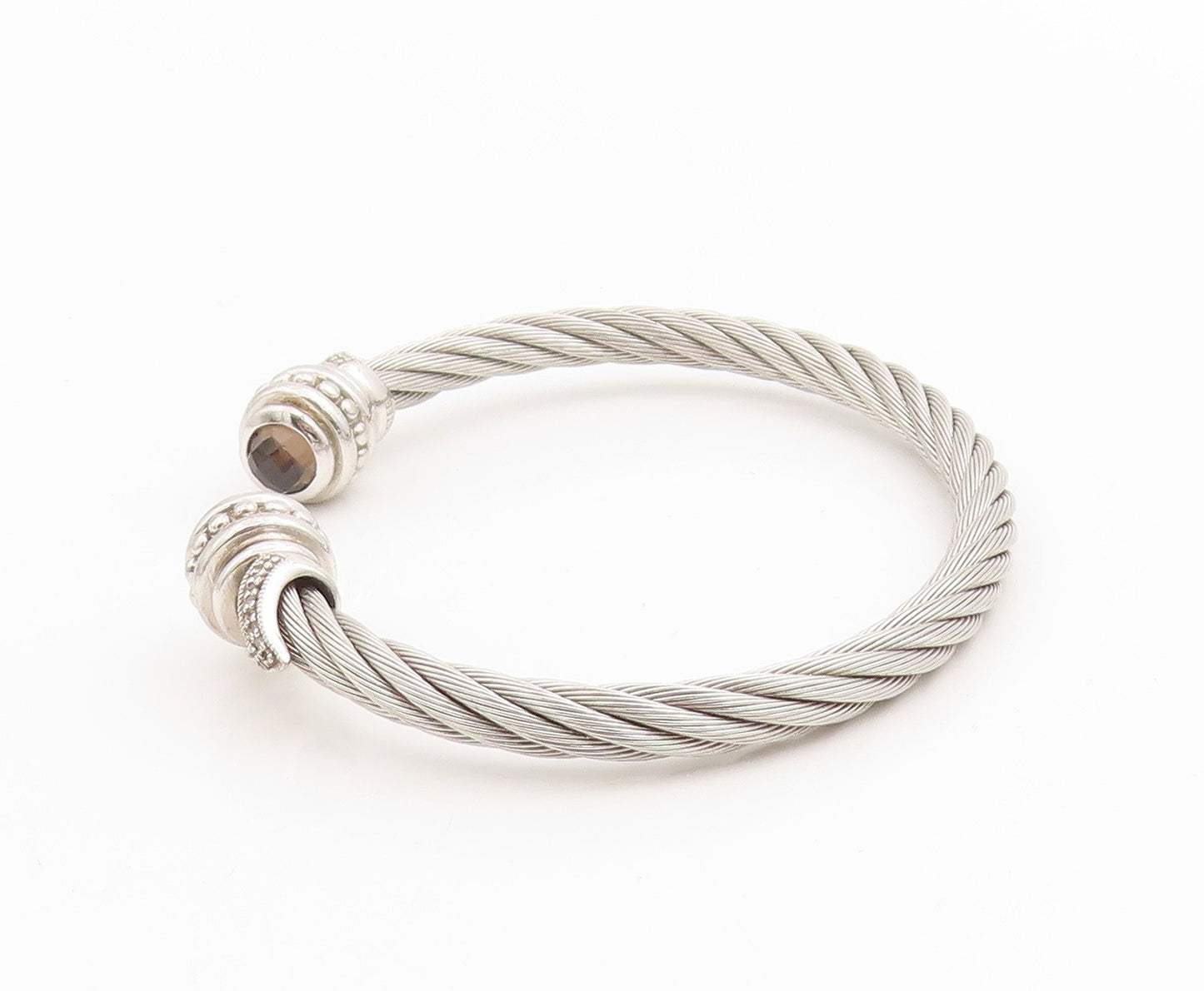 925 Sterling Silver Vintage Bracelet Real Diamonds & Smoky Quartz Cuff  BT11432