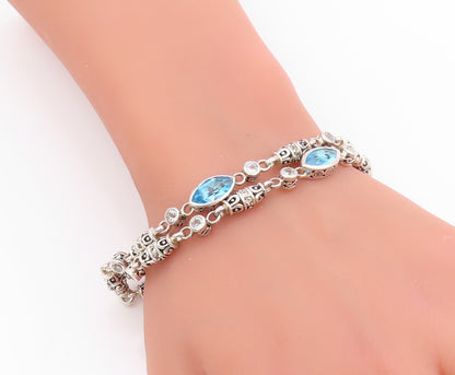 925 Sterling Silver Vintage Bracelet Marquise Blue Topaz Etched Barrels  BT11391