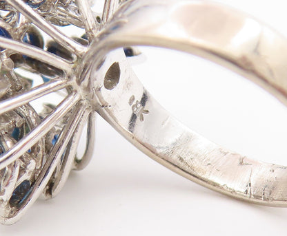 925 Sterling Silver Vintage Ring Real Diamonds Sapphire Flower  Sz 6  RG36602