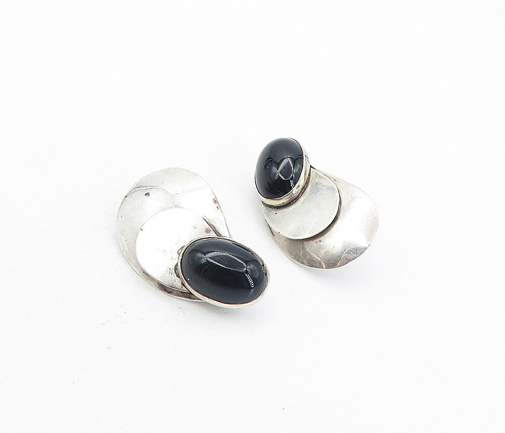 LOUIS BOOTH 925 Silver  Vintage Cabochon Cut Black Onyx Drop Earrings  EG4313