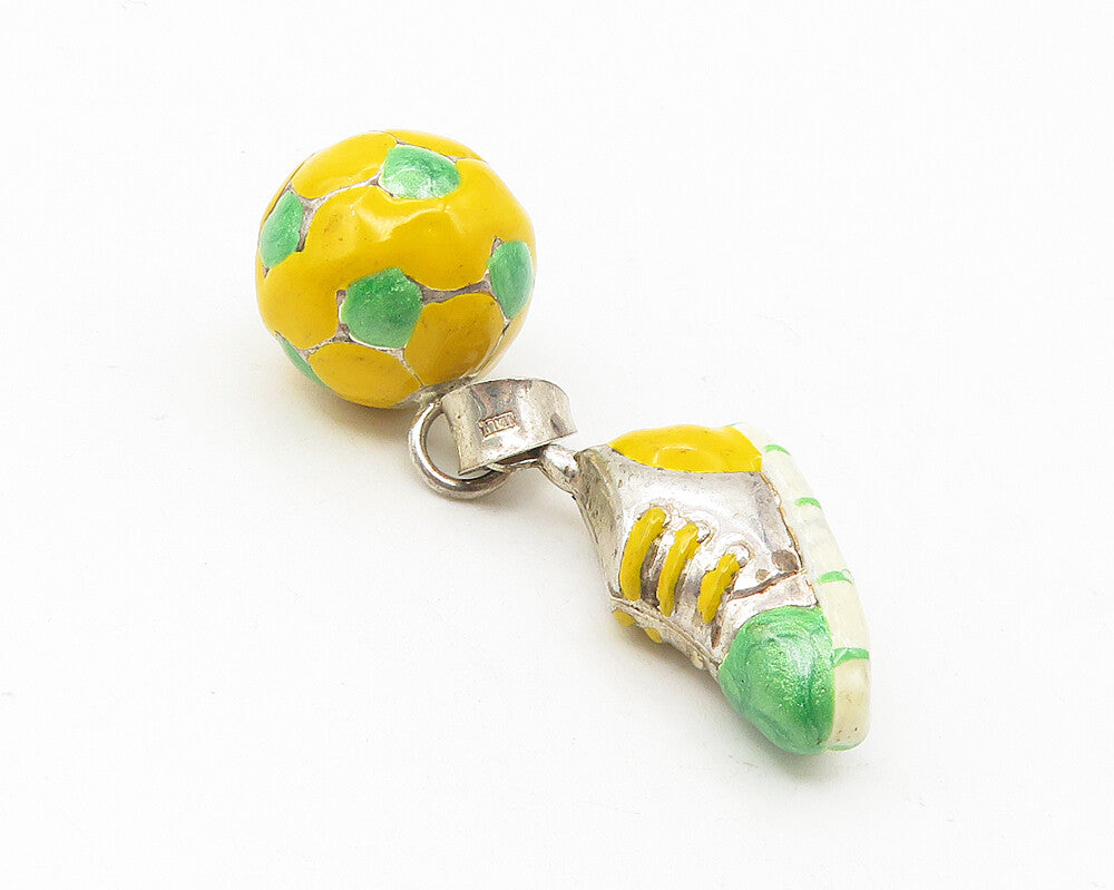 925 Sterling Silver  Vintage Enamel Soccer Ball & Cleat Sports Pendant  PT9350