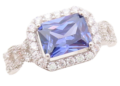 925 Sterling Silver Vintage Ring Designer CZ & Rectangle Sapphire  Sz 7  RG30687