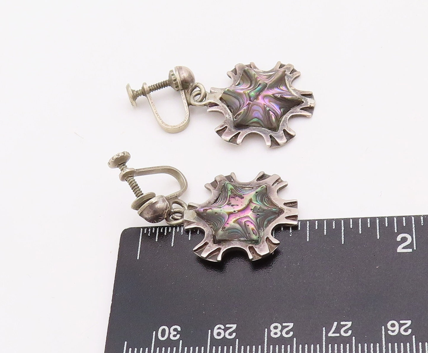 925 Sterling Silver Vintage Earrings MEXICO Abalone Carved Snow Flake  EG13178