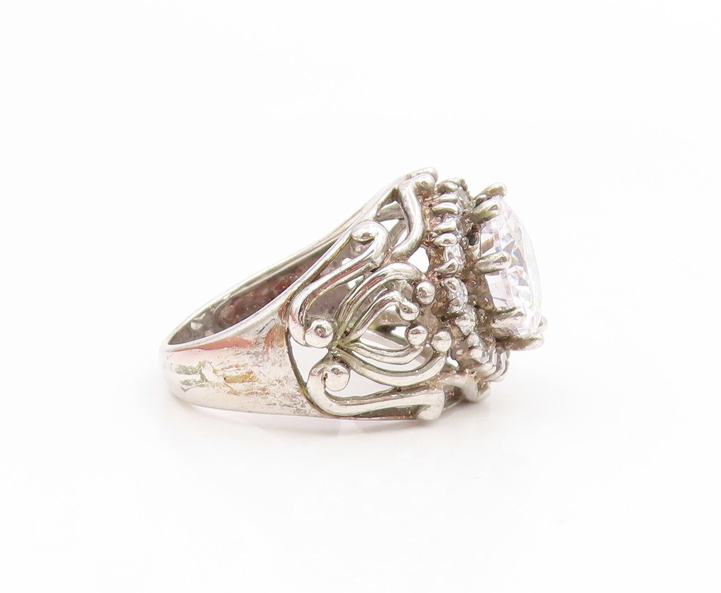 925 Sterling Silver Vintage Ring CZ Intricate Openwork Design  Sz 7.5  RG35223