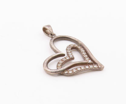 925 Sterling Silver  Vintage White Topaz Open Love Heart Pendant  PT16875