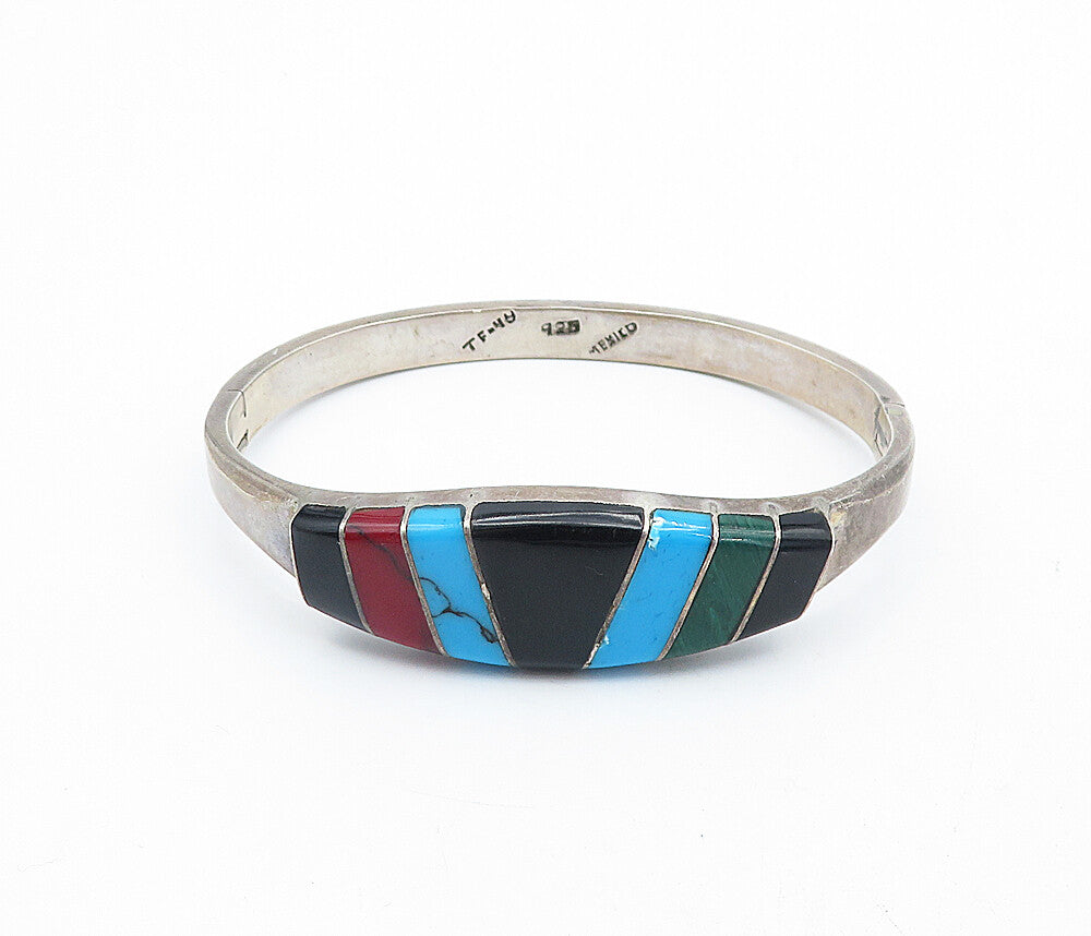 MEXICO 925 Silver  Vintage Onyx Turquoise & Malachite Bangle Bracelet  BT1410