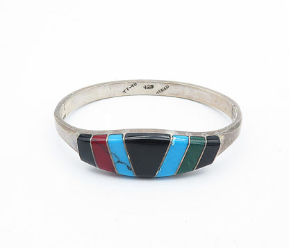 MEXICO 925 Silver  Vintage Onyx Turquoise & Malachite Bangle Bracelet  BT1410