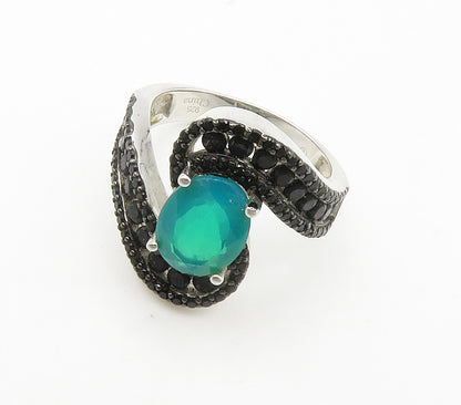 925 Sterling Silver  Green Stone & Black Hematite Bypass Ring Sz 6  RG15260