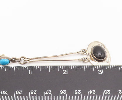 MEXICO 925 Silver  Vintage Pendulum Drop Turquoise & Onyx Earrings  EG12541